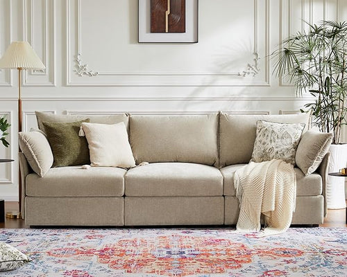 102.6" Modular Sectional Sofa, Oversized 3-Seater Couch with Removable Beige Chenille Fabric Cover, Deep Seat & High Backrest for Living Room, Office & Apartment-Ruum Studio Home