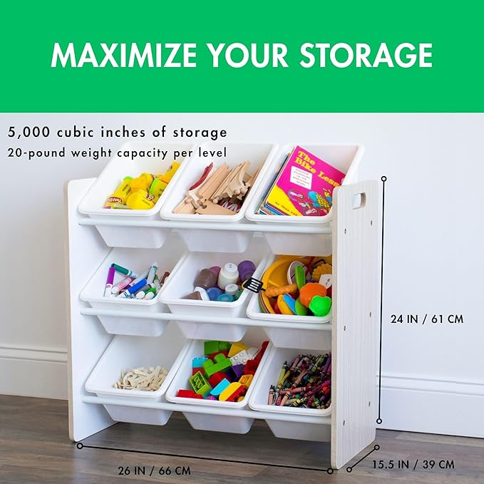 Humble Crew 9-Bin Toy Organizer – Hampton Sandwashed with White Plastic Bins, 3-Tier Storage Solution for Kids' Playrooms and Nurseries-Ruum Studio Home