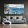 XLSJERST Large Landscape Wall Art - Blue Ocean Pink Flower Sailboat Mountain Tree Decor Orange Frame Artwork for Wall Large Picture for Living Room Bedroom Home Office Wall Decoration Size 24x48-Ruum Studio Home