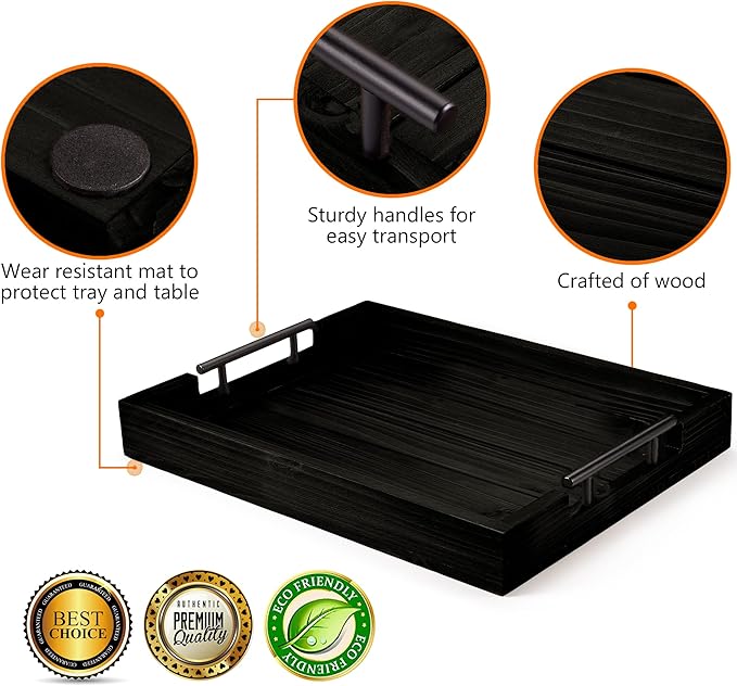Ottoman Serving Tray | Decorative Coffee Table Tray with Handles – 17x13 Inch Wooden Tray with 4 Coasters for Breakfast, Kitchen & Bar-Ruum Studio Home