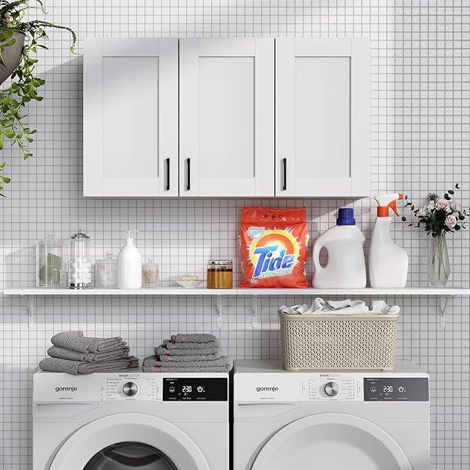 White Laundry Room Cabinets and Storage with 3 Doors and Utility Adjustable Shelf，Gabinetes Para Cocina Cupboard Kitchen Organizers and Storage Pantry Wall Mounted 12.4"D x 35.4"W x 19.7"H-Ruum Studio Home