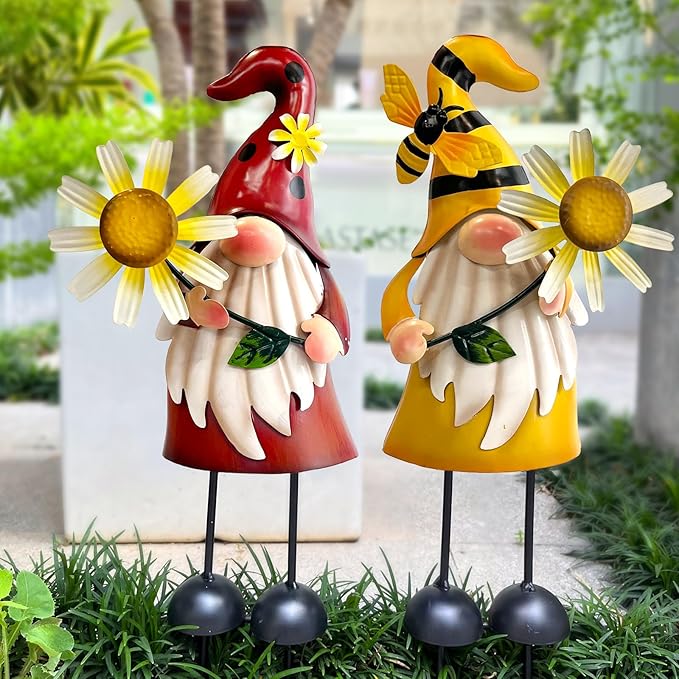 HONGLAND Gnome Metal Yard Art - Metal Gnome Statue -Gnome Outdoor Decorations - Bee and Ladybug Garden Statue- Christmas Holiday Lawn Patio Yard Garden Decor (Set of 2)-Ruum Studio Home