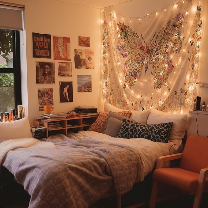 Damanse Butterfly Tapestry Wall Hanging Cute,Boho Wall Tapestry for Bedroom Aesthetic,Flower Living Room Decor for Teen Girls (White, 59.80" x 78.70")-Ruum Studio Home
