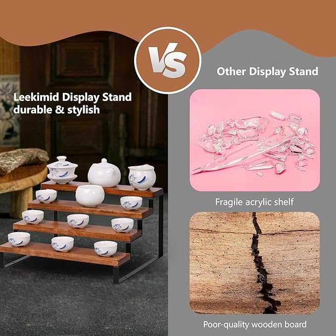 4 Tier Wooden Display Riser Stand Perfume Organizer with Metal Stand, Dessert Table Display Set, Food Display Stands for Party, Brown Rustic Solid Wood Shelf for Cupcakes, Perfume, Cologne, Spiece-Ruum Studio Home