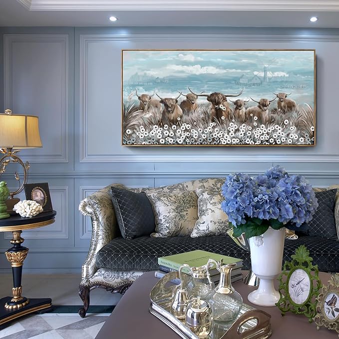 Extra Large Framed Wall Art for Living Room Big Boho Farmhouse Highland Cow Canvas Artwork Flower and Animal Picture Rustic Coastal Blue and Brown Decor for Office Bedroom Kitchen-Ruum Studio Home