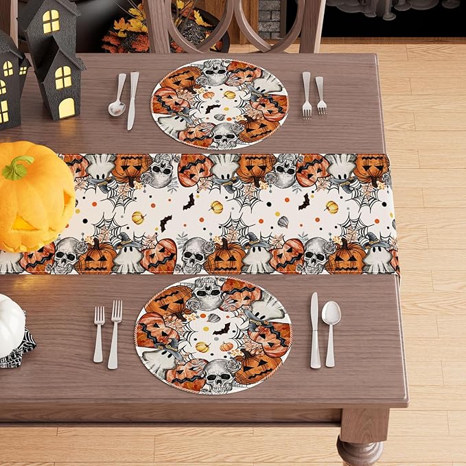 XCHI Spooky Skeleton Ghost Pumpkin Halloween Round Placemats Set of 4 Table Mats for Party Home Kitchen Dining Table Decorations 14x14 Inch-Ruum Studio Home