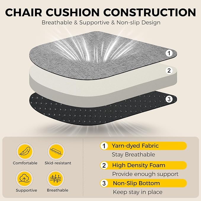 downluxe Indoor Chair Cushions for Dining Chairs, Soft and Comfortable Textured Foam Kitchen Chair Pads with Ties and Non-Slip Backing, 16" x 16" x 2", Dark Grey, 6 Pack-Ruum Studio Home