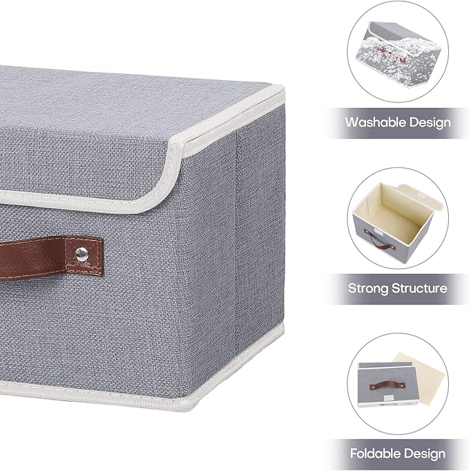 ANMINY 4PCS Storage Bins with Lid PU Leather Handles Storage Boxes PP Plastic Board Decorative Foldable Lidded Cotton Linen Fabric Home Cubes Baskets Closet Organizer Containers - Gray, Small Size-Ruum Studio Home