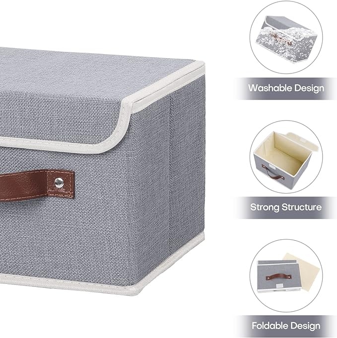 ANMINY 2PCS Storage Bins with Lid PU Leather Handles Storage Boxes PP Plastic Board Decorative Foldable Lidded Cotton Linen Fabric Home Cubes Baskets Closet Organizer Containers - Gray, Small Size-Ruum Studio Home