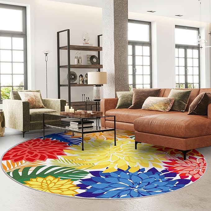 Indoor Outdoor 6FT Round Area Rug Washable Rugs Multicolored Patio Rug Tropical Botanical Modern Floral Indoor Outdoor Round Carpet Non Slip for RV, Pool Deck, Backyard, Porch-Ruum Studio Home