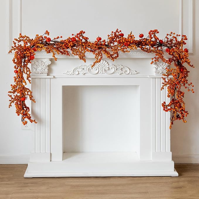 MISSPIN 6FT Pumpkin Berry Garland, Halloween Garland Fall Maple Leaf Artificial Hanging Autumn Vine Leaf Fall Decor Black Maple Fall Leaf Christmas Thanksgiving Halloween Home Decor-Ruum Studio Home
