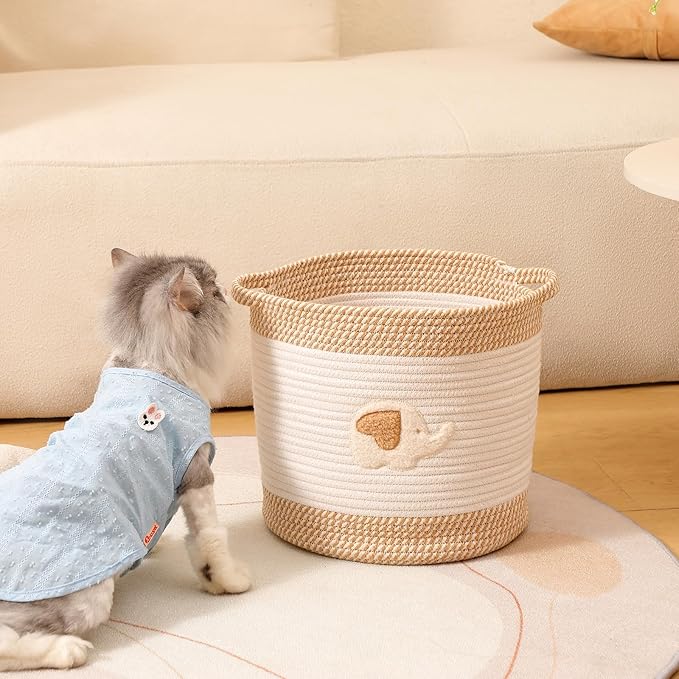 INough Toy Storage Baskets Woven Cotton Rope Storage Basket for Kids, Blanket Baskets for Living Room Toy Basket Box Toys Organizer with Embroidery Decor Cute Baskets for Nursery, Playroom (Elephant)-Ruum Studio Home