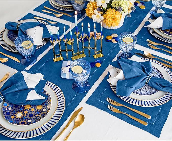 Solino Home Linen Indigo Blue Table Runner 144 Inches Long - 100% Pure Linen Extra Long Table Runner 14 x 144 Inch for Fall, Autumn - Classic Hemstitch-Ruum Studio Home