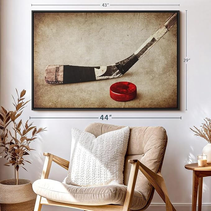 Elephant Stock Vintage Ice Hockey Wall Art - Horizontal Framed Canvas - 1-Piece Hallway Wall Decor - Photography Sports Canvas Print - Brown and Beige Decor for Wall - 43" X 29"-Ruum Studio Home