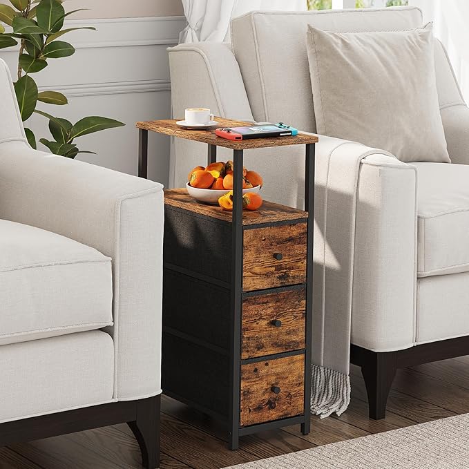 TUTOTAK Narrow Night Stand, Slim End Table, Tall Side Table with 3 Fabric Drawer, Small Bedside Table with Storage, Set of 2, for Living Room, Bedroom, Brown TB01BB072-Ruum Studio Home