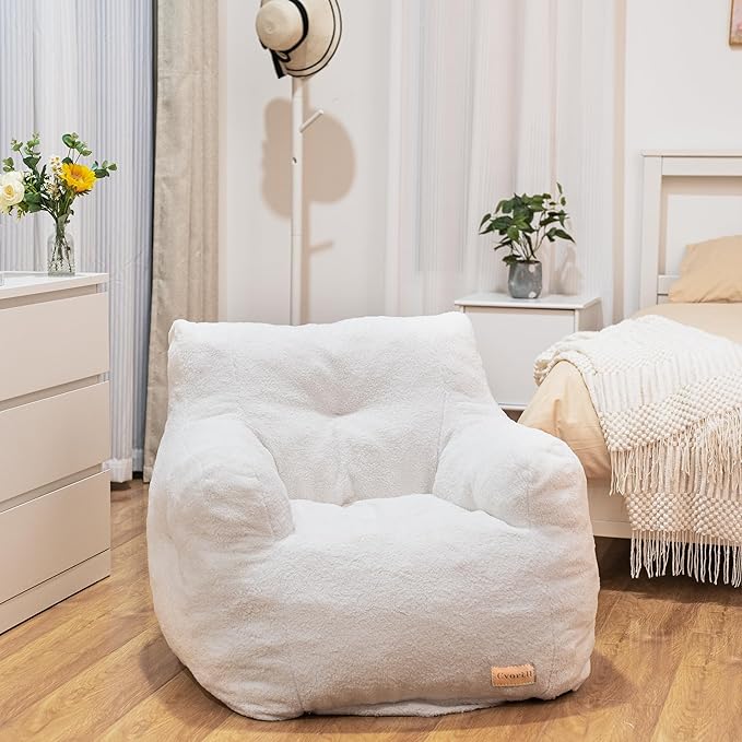 Bean Bag Chair with Filler, Bean Bag Sofa with Tufted Soft Stuffed Filling, Fluffy and Lazy Sofa, Comfy Cozy BeanBag Chairs with Memory Foam for Dorm, Apartment, Living Room (White)-Ruum Studio Home