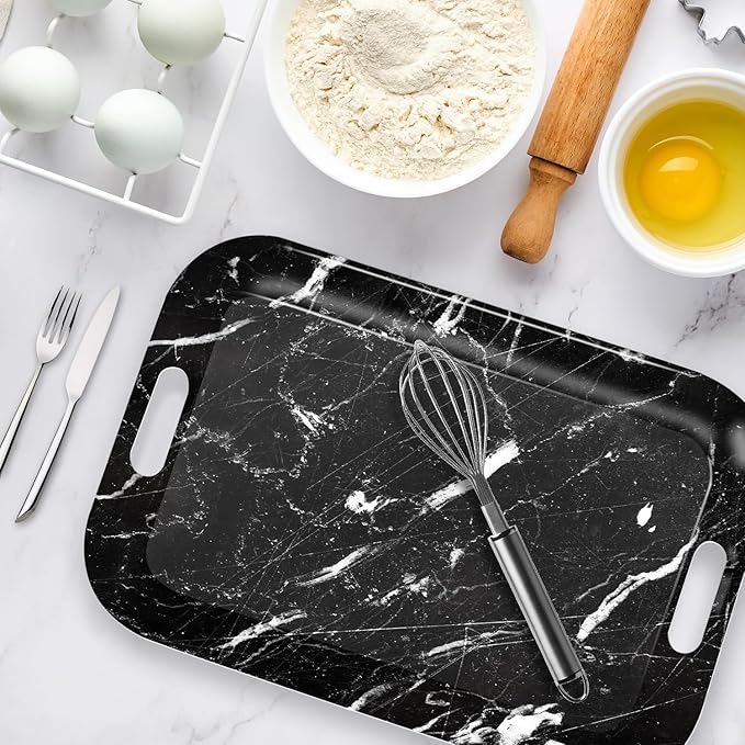 Serving Trays with Handles, 14.5 x 9.8 inch Rectangular Plastic Tray for Restaurant, Kitchen, Black Marble-Ruum Studio Home