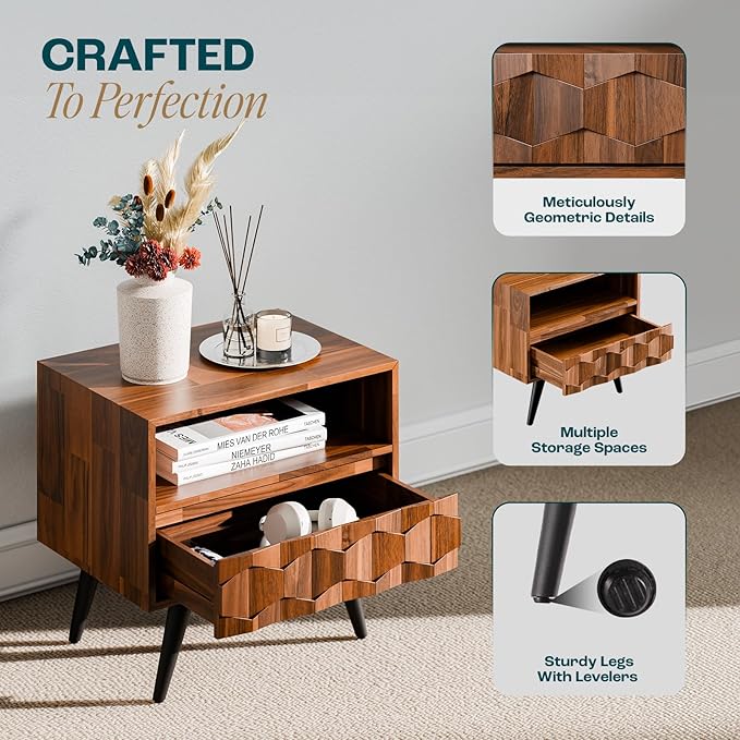 Bme Georgina Solid Wood Nightstand with 1 Drawer & Open Shelf- Fully Assembled Mid Century Modern Side Table - Geometric Pattern Bedside Dresser for Bedroom and Living Room, Dark Chocolate-Ruum Studio Home