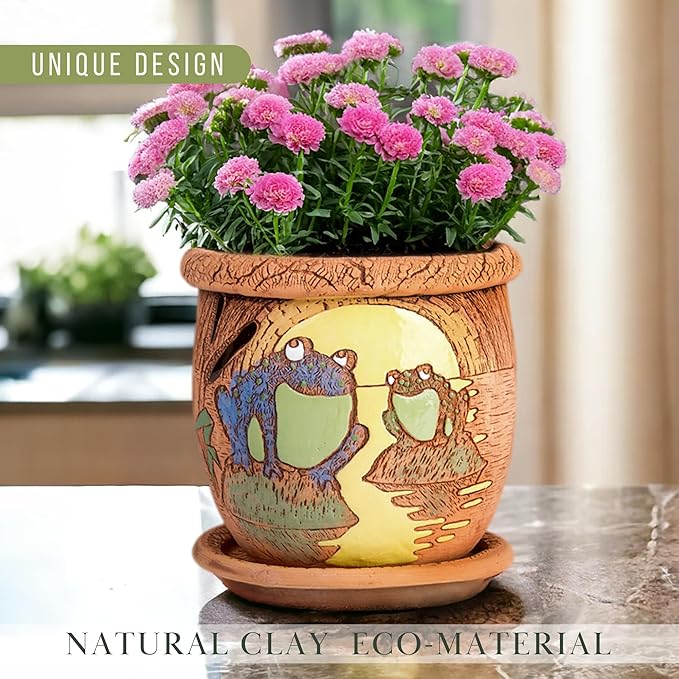 Ceramic Pot with Drainage Hole and Saucer, Plant Pots, Modern Decorative Planters for House Plants Indoor Flowers Plants, Cute Flower Pot - Gifts (Frogs (1.6 L))-Ruum Studio Home