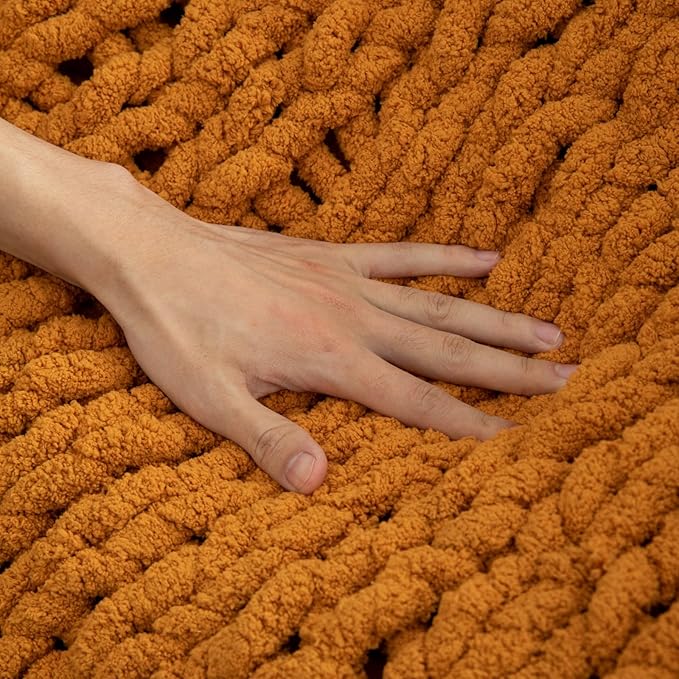 WESHIONGOO Chunky Knit Blanket Throw 50"×60" Knitted Throw Blankets for Couch Bed Fall Throw Blanket Fluffy Soft Blanket with Jumbo Chenille Yarn Thick 100% Handmade (Burnt Orange)-Ruum Studio Home