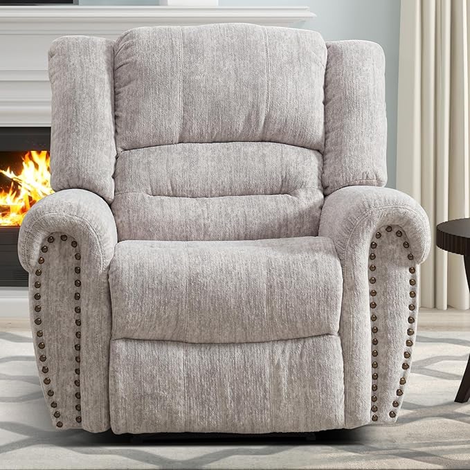 CANMOV Manual Recliner Chair, Classic and Traditional Manual Recliner Chair with Comfortable Arms and Back Single Sofa for Living Room, White Grey-Ruum Studio Home