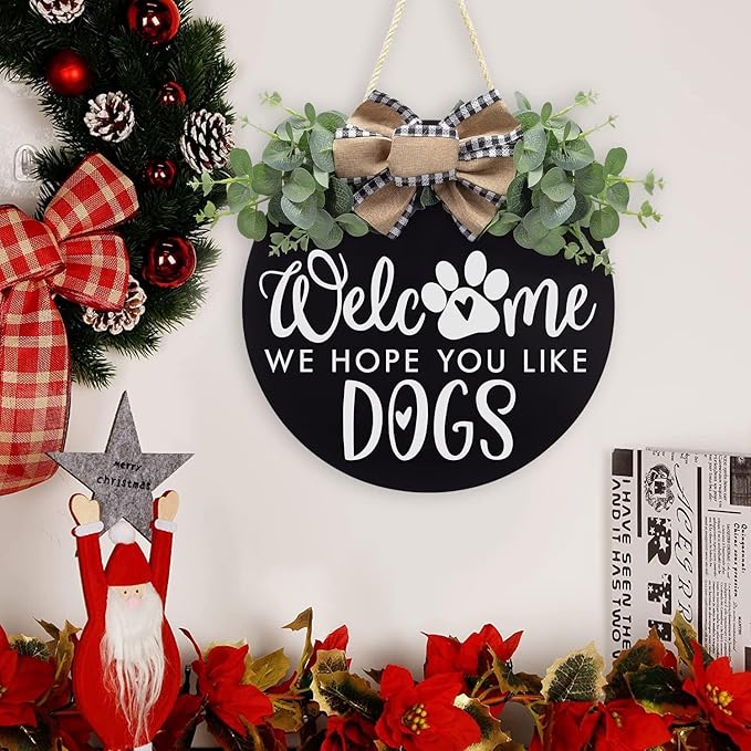 Welcome We Hope You Like Dogs Farmhouse Door Sign for Front Door Porch Decor with Eucalyptus Leaves & Buffalo Bow - Welcome Wreath Sign Hanging for Dogs Lovers Spring Summer Decor Housewarming Gift-Ruum Studio Home