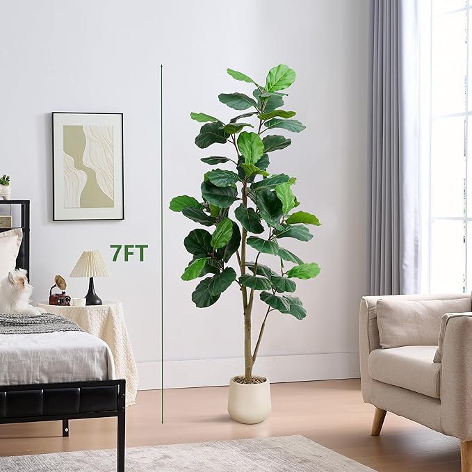 Artificial Fiddle Leaf Fig Tree, 7FT Tall Faux Ficus Lyrata Fake Tree in White Pot, Artificial Tree Indoor Decor, Fiddle Leaf Fig Tree Fake Plant for Home Office Living Room Decoration Modern-Ruum Studio Home