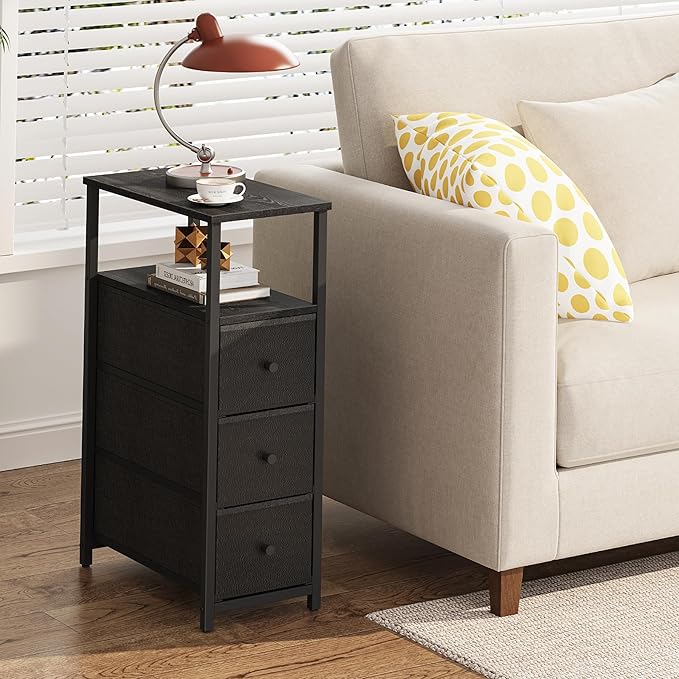 TUTOTAK Narrow Night Stand, Slim End Table, Tall Side Table with 3 Fabric Drawer, Small Bedside Table with Storage, Set of 2, for Living Room, Bedroom, Black TB01BK072-Ruum Studio Home