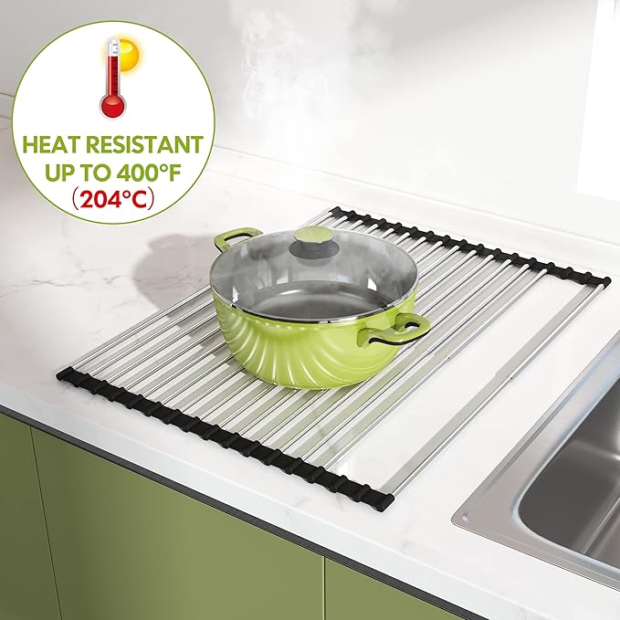 Dish Drying Rack, Roll Up Dryer Rack for Inside Sink, Expandable (12.8"-23.8" D x 15.5" W) 304 Stainless Steel Dish Drainers for Kitchen Counter, Over Sink Cover with Utensil Holder-Ruum Studio Home
