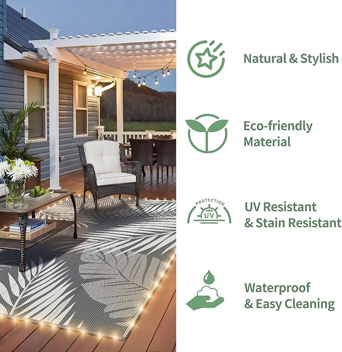 GENIMO Outdoor Rug 6' x 9' Waterproof for Patios Clearance, Reversible Outdoor Plastic Straw Camping Rug Carpet with LED String Light, Area Rugs Mats for RV, Camper, Deck, Balcony, Porch, Grey&White-Ruum Studio Home