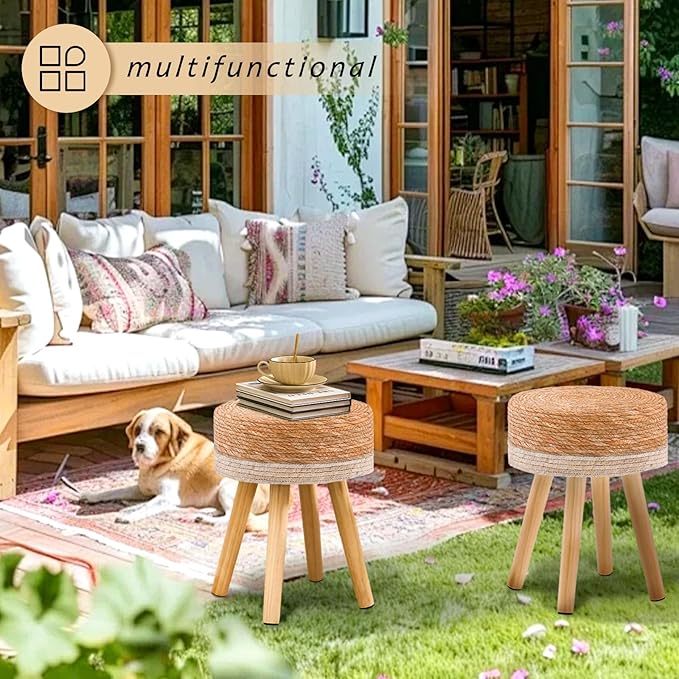 Handwoven Outdoor Ottoman, Water Hyacinth Pouf Round Patio Footstool with Wood Legs, 17-Inch Multipurpose Vanity Stool, Dining Chair, Patio Footrest for Balcony and Garden, White-Ruum Studio Home