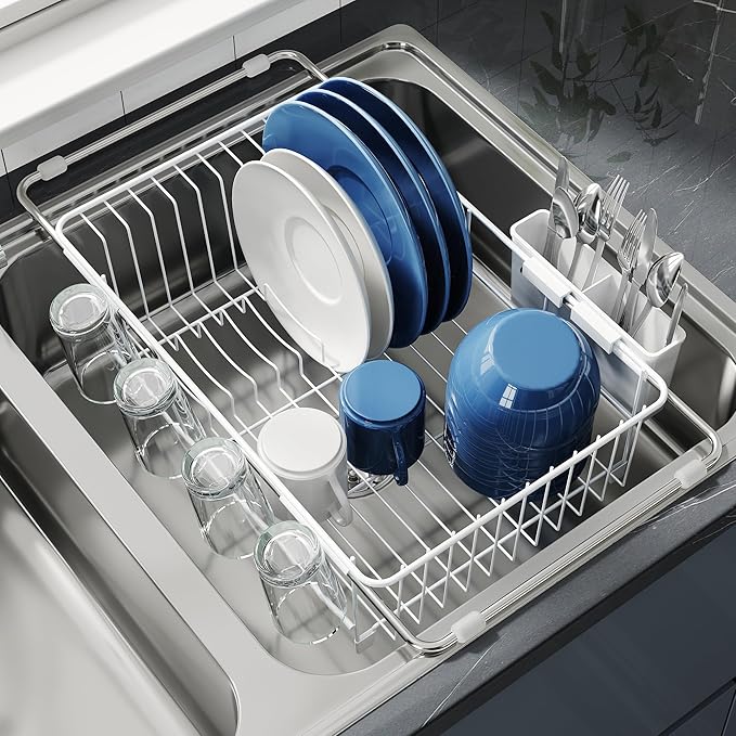 Dish Drying Rack in Sink, Small Dish Drainers for Inside Sink, Over The Sink Dish Racks, Stainless Steel Drying Rack with Utensil Holder, White-Ruum Studio Home