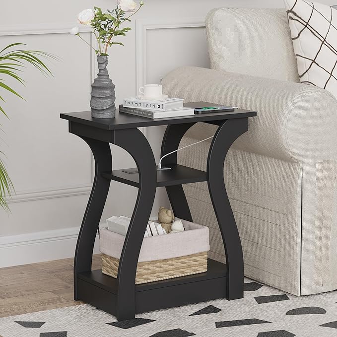 End Table with Charging Station, Side Table with USB Ports and Outlets, Nightstand, 3 Tier End Table with Storage Shelf for Living Room, Bedroom (Black)-Ruum Studio Home