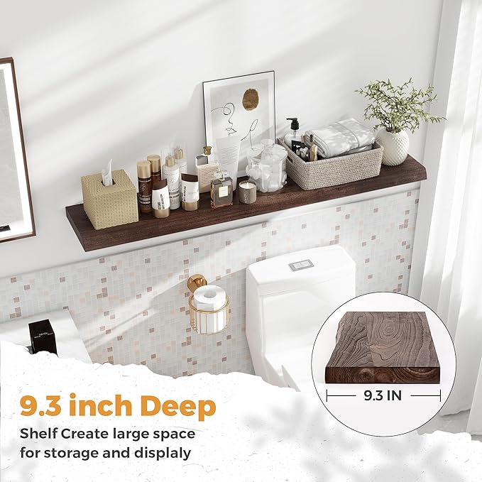 RICHFOCUS Live Edge Elm Floating Shelves - 48" W x 9.3" D Rustic Solid Wood Wall Shelves with Invisible Bracket, Wall-Mounted for Living Room, Bedroom, Kitchen Storage & Display, Set of 1, Walnut-Ruum Studio Home