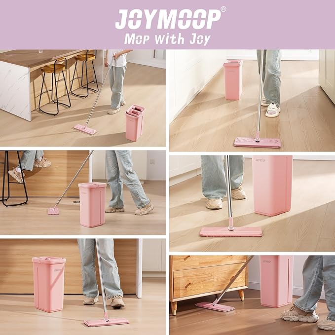 JOYMOOP Pink Mop and Bucket with Wringer Set for Home, with 3 Reusable Microfiber Mop Pads, Hands-Free Self-Cleaning System, Suitable for Floor Cleaning and Wall Cleaner-Ruum Studio Home
