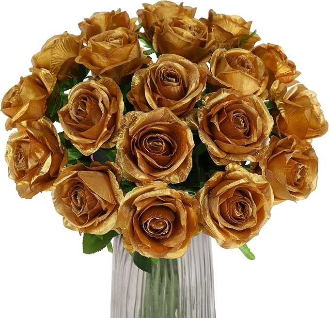 Gold Fake Roses Artificial Flowers - 10 Pcs Fake Artificial Roses Silk Flowers with Stems for Home Wedding Hotel Office Centerpiece Decor-Ruum Studio Home