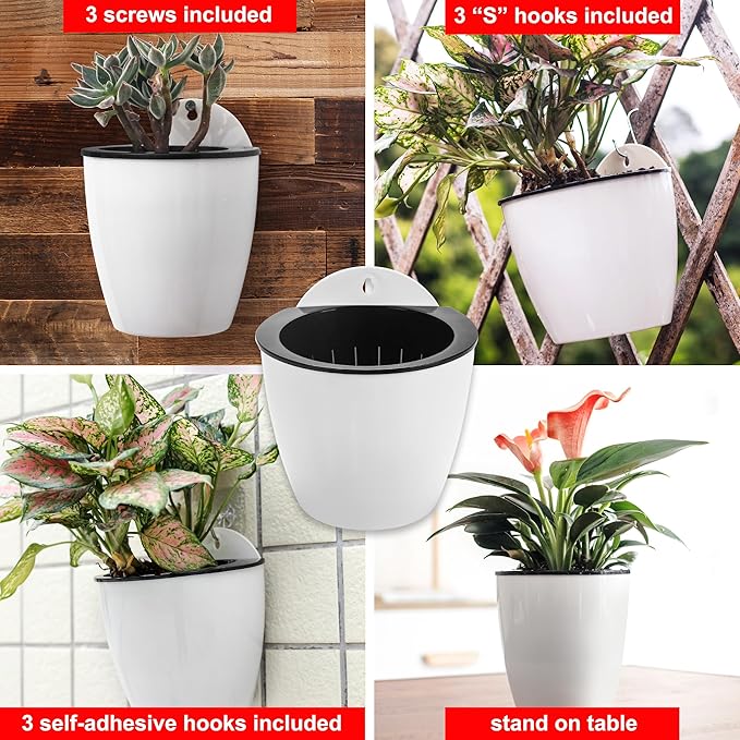 3 Pack Self Watering Wall Hanging Planter Pots Vertical Garden Window Hang Mount Indoor Outdoor Plant Flower Basket for Kitchen Herbs Balcony Railing Shelf Fence Bedroom Trellis Decor Modern White Box-Ruum Studio Home