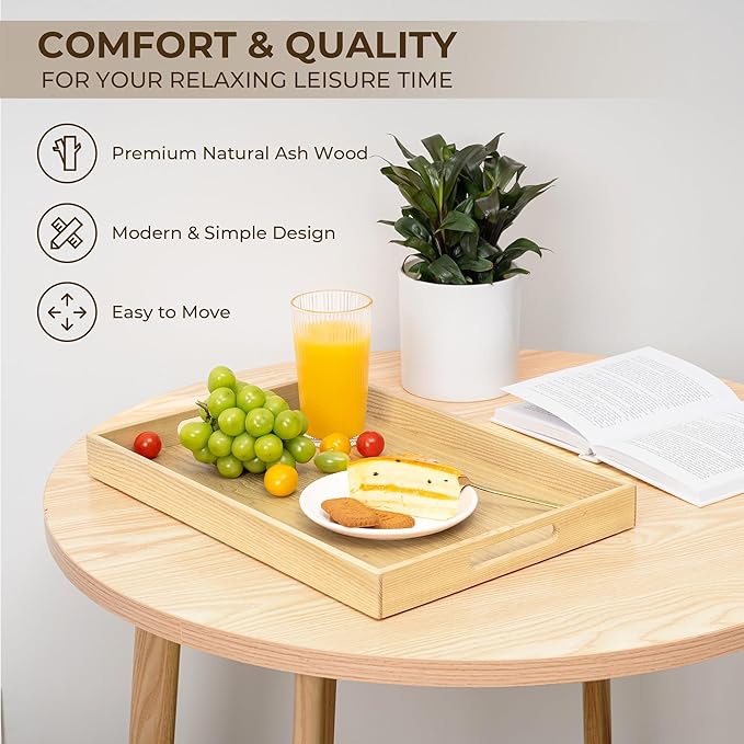 Axeman Wooden Serving Tray with Wood Handles|Ottoman Tray for Breakfast, Bed, Couch|17x12in Ash Wood Coffee Table Trays|Food Drinks Decorative Storage Boards for Ottoman Kitchen, Natural-Ruum Studio Home