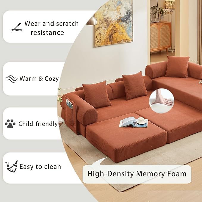 107" Oversized Convertible Sleeper Sofa Bed, Corduroy L Shape Sectional Couch, Folding Sofa Bed with Side Pocket, Modern Cloud Floor Mattress Couch, Modular Sofa for Living Room, Orange-Ruum Studio Home