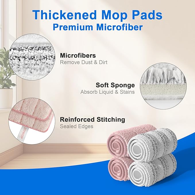 JOYMOOP Mop Replacement Pads, Reusable Microfiber Mop Pads for 13-inch Flat Mop and Mop Bucket Set, Pack of 4 Refills - Stripe and Pink-Ruum Studio Home