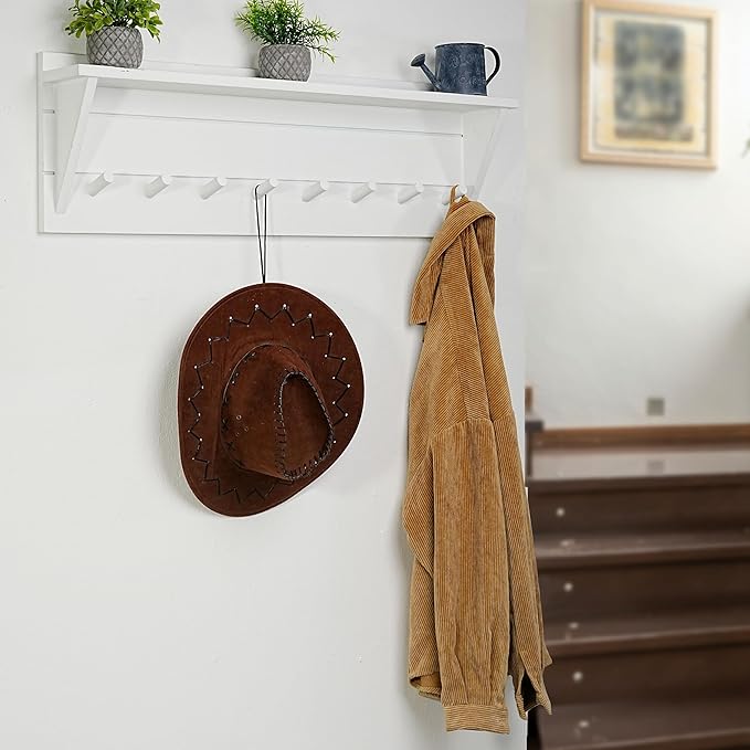 WEBI Coat Rack Wall Mount with Shelf,8 Peg Hooks,34" Long Entryway Wall Shelf with Hooks Underneath for Hanging Coats,Caps,Jacket,Clothes,White-Ruum Studio Home