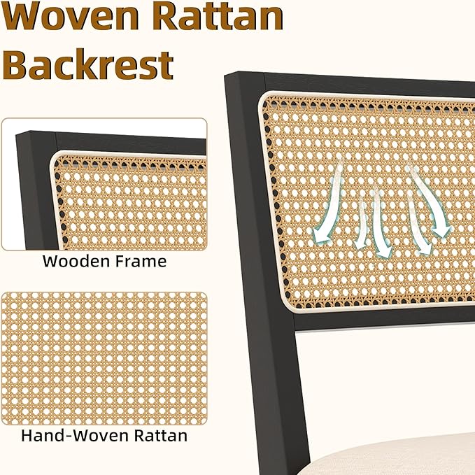 Westice Rattan Dining Chairs Set of 4, Farmhouse Natural Dining Room Chairs with Upholstered Cushion, Wood Armless Chairs for Kitchen/Restaurant, Black-Ruum Studio Home