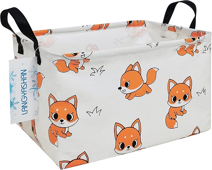 LANGYASHAN Rectangular Storage Bin Collapse Canvas Fabric Cartoon Storage Basket with Handles for Organizing Home Kitchen Boys and Girls Toys Office Closet Shelf Baskets(Rec Fox)-Ruum Studio Home
