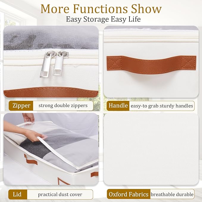 Yawinhe Under Bed Storage Containers, 4 Pack, Bin with Lids, Collapsible Closet Organizers, with Sorting Card Slot and 4 Leather Handles, for Blanket, Bedding, 31.5''Lx15.7''Wx6''H, Beige-Ruum Studio Home