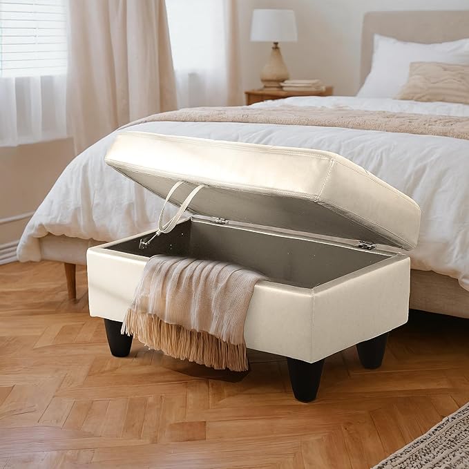 Ottoman Rectangular Storage Ottoman Bench, Faux Leather Footrest, Coffee Table, Stool Footstool with Hinged Lid for Living Room, Bedroom, Entryway, Champagne, 35"x23.5"x17.5"-Ruum Studio Home