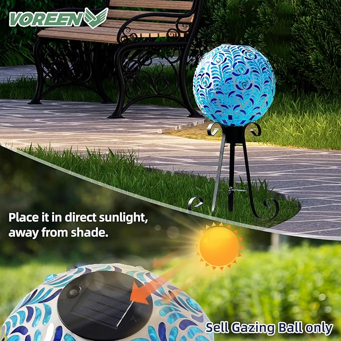 VOREEN Solar Gazing Ball, 10" Mosaic Glass Gazing Globe with Solar Light, Handmade Outdoor Yard Decor Sphere for Patio Lawn Garden, Gift for Mom Wife Friend, Peacock Feather Design (Blue)-Ruum Studio Home