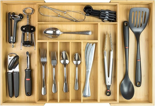Premium Silverware, Flatware and Utensil Organizer for Kitchen Drawers, Food-Safe Contract Grade, Expandable from 14 to 25 In, Natural Bamboo-Ruum Studio Home