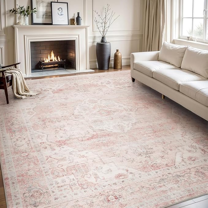 AMOAMI-Area Rug 8X10 Rugs for Living Room-Vintage Soft Pink Rugs for Bedroom-Non Slip Carpet-Washable Rug for Dining Room Living Room Bedroom Office Under Table-Ruum Studio Home