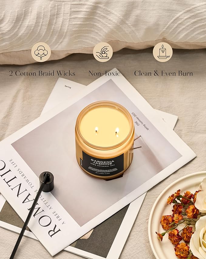 M&SENSE Gardenia Jasmine Scented Candle - 11.6oz Natural Soy Wax Clean Non Toxic 70-Hour Burn, 2-Wick Aromatherapy Candle for Bath & Office - Highly Scented Housewarming Gift for Mom Teacher Friends-Ruum Studio Home