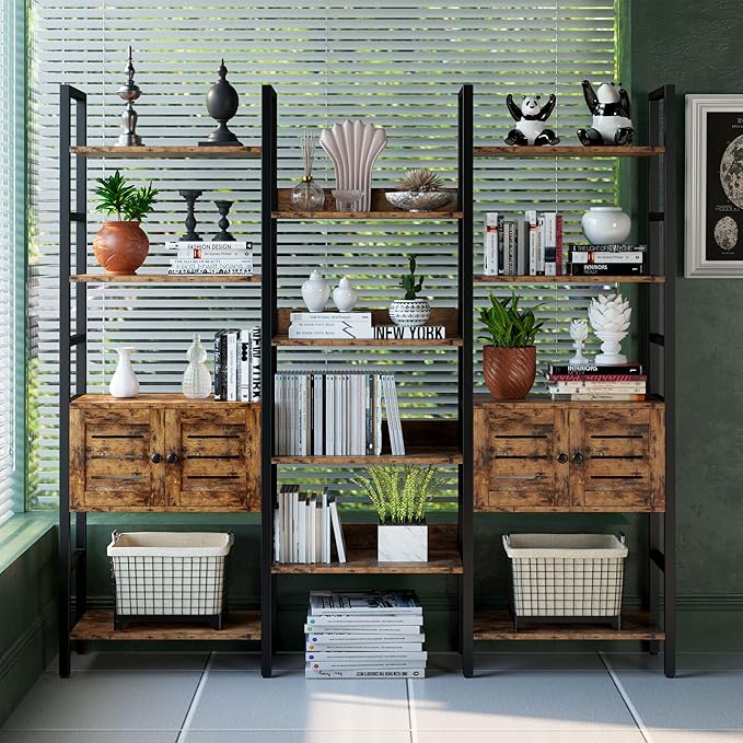 IRONCK Industrial Bookshelf and Bookcase with 2 Louvered Doors 5 Tiers Triple Wide Display Shelf with Storage Cabinet for Living Room Home Office-Ruum Studio Home